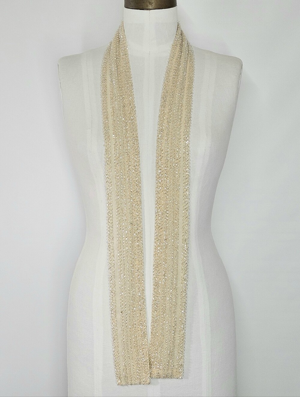 Scarf Sash Belt 62x2.5" Narrow Tie Necklace Heavily Beaded Beige Sparkle Mesh